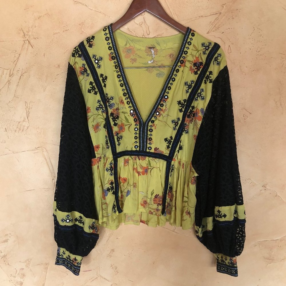 Free People top with lace puff sleeves